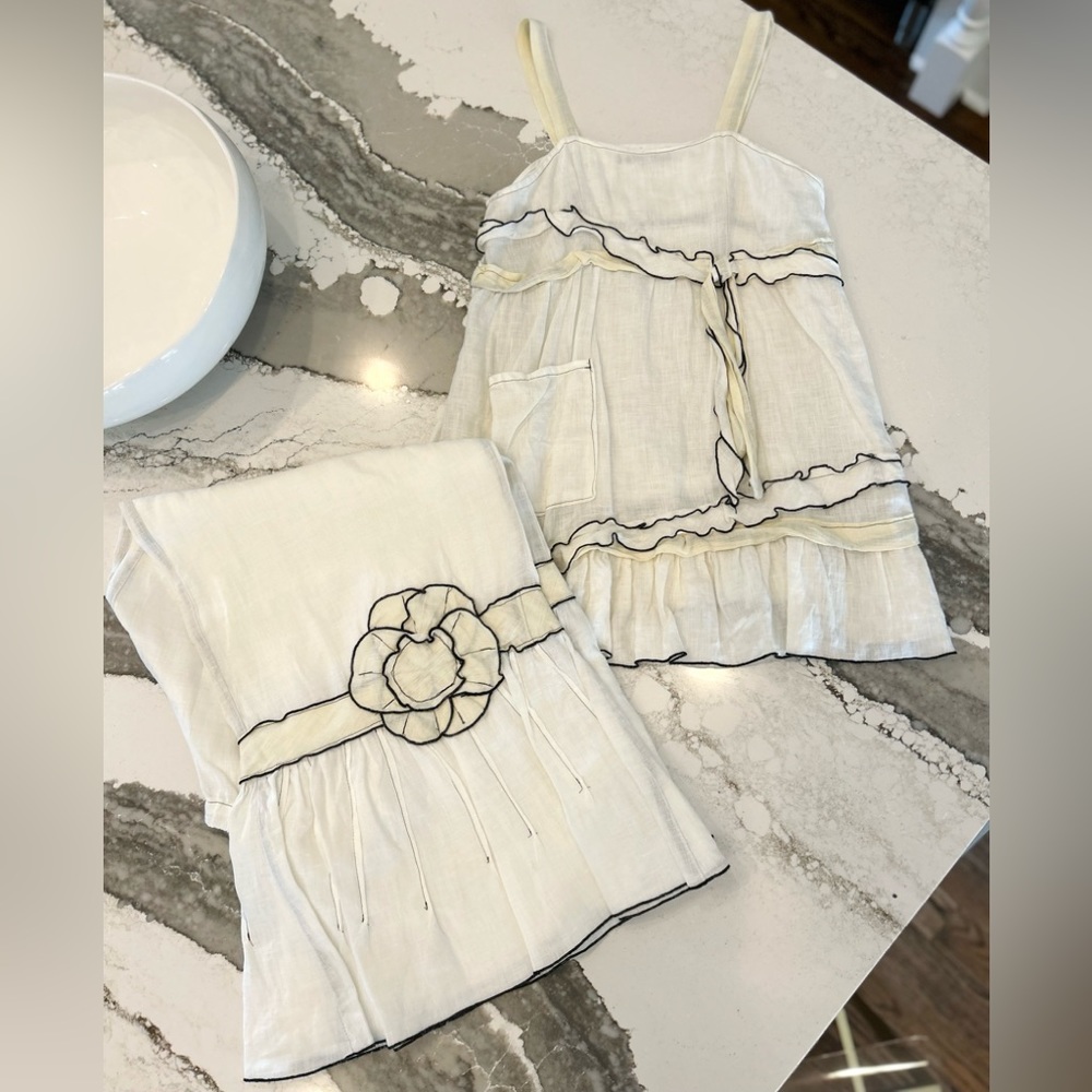 Sarah Clemens Custom Linen Black White Ivory Ruffle Flower Bloomers and Top Set